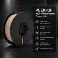 Filamento PEEK-GF de 1.75 mm, Temperaturas de Impresión de 450 °C/400 °C, Resistencia a la Tracción de 80-90 MPa, Módulo de Flexión de 120-130 MPa, Moldeo por Corte
