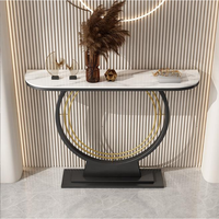 Table console contemporaine de luxe léger avec plateau en acier inoxydable et structure métallique, étroite, semi-ronde, longue, pour salon