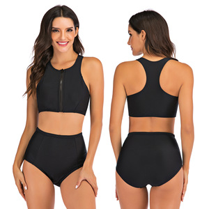 Su misura donna tinta unita <span class=keywords><strong>nero</strong></span> 2 pc Bikini <span class=keywords><strong>costume</strong></span> da bagno Crop Top Tank <span class=keywords><strong>reggiseno</strong></span> e perizoma a vita alta con decorazioni con cerniera - Product Image 2