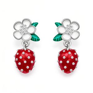 Pendientes de Plata de Ley 925 con Esmalte de Fresa y Flores, Pendientes Colgantes con Racimo de Flores de Fruta Dulce para Niñas, Pendientes de Primavera Verano - Product Image 1