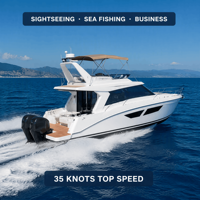 Yacht Flybridge de 33 pieds pour location commerciale, 3 chambres avec salles de bain privées, deux moteurs hors-bord Yamaha 300 CV, en fibre de verre, CCS, 12 personnes, 35 nœuds, 800 L