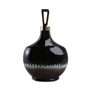 Vaso in vetro a forma di bottiglia arrotondata con dettaglio superiore in metallo, finitura lucida decorativa per soggiorno e decorazioni per la casa. - Product Image 1