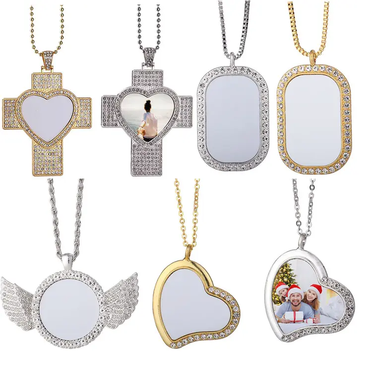 G1837 Hip Hop Jewelry Sublimation Blank Rhinestones Angel Wings Cross Heart Sublimation Necklaces Pendant