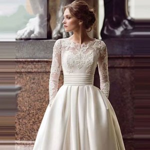 Vestido <span class=keywords><strong>de</strong></span> Novia <span class=keywords><strong>de</strong></span> <span class=keywords><strong>Manga</strong></span> <span class=keywords><strong>Larga</strong></span> con Cuello Alto, Nuevo, al por Mayor, <span class=keywords><strong>de</strong></span> Encaje y Satén, Ajustado, Elegante y <span class=keywords><strong>de</strong></span> Lujo, Bordado - Product Image 1