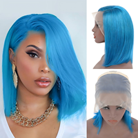 Wig Bob Lace Front 13X4 Biru Rambut Asli Manusia, Penutup Kepala Depan, Di-perm & Diwarnai, Panjang 8-14 Inch