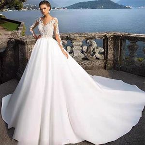 White Satin Ball Gown Wedding Dress High Waist Sweetheart Neckline Vintage Lace Long Sleeve Full Skirt - Product Image 1
