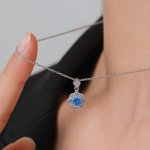 Round <b>Blue</b> Cubic Zirconia Halo Jewelry Set Vintage Flower <b>Necklace</b> Fish Hook Dangle Earrings Women Bridal 2Pcs Set - Product Image 5