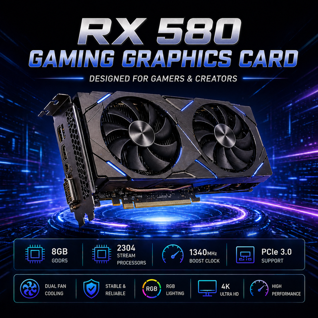 Used PCI Express 3.0 X16 GPU for Radeon RX 580 8GB 256Bit GDDR5 2048SP DP DVI Outputs Fan Cooling 28-30MH/S Non-LHR