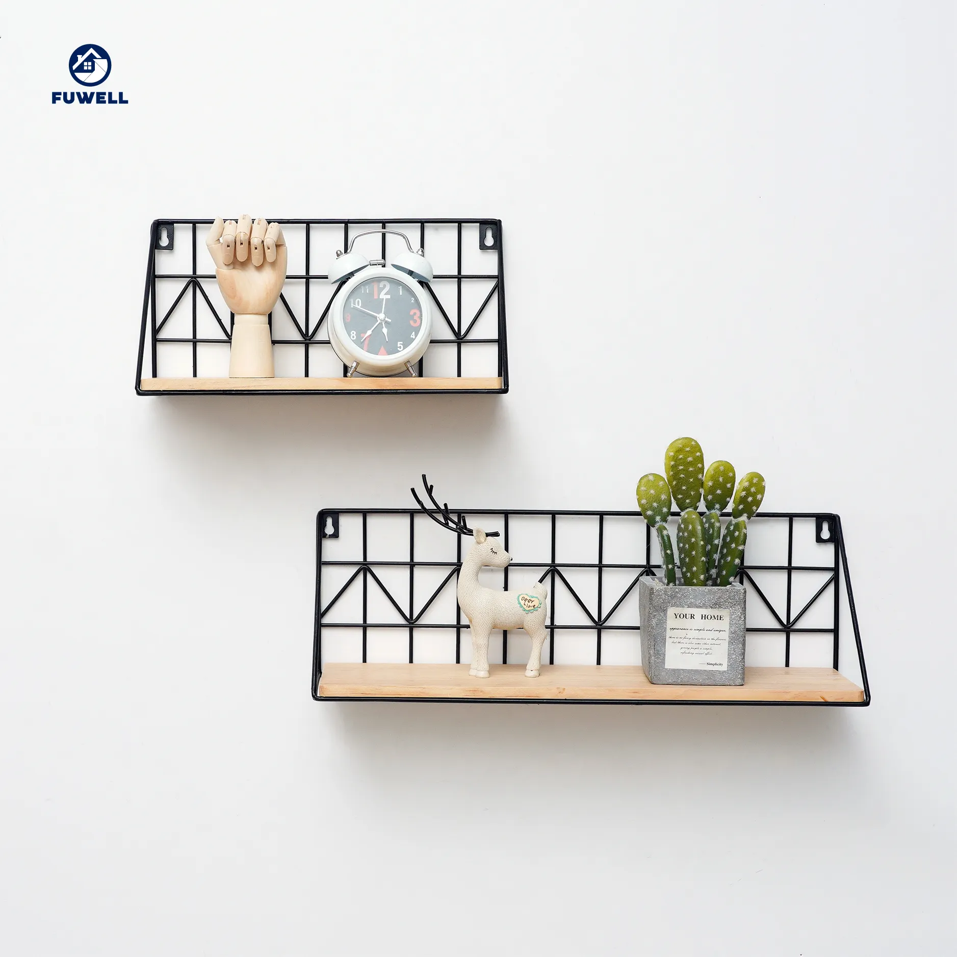 home decorative wall mounted storage wall shelf set of 2 black wood and metal wire wall rack for photo frame , pot plant
