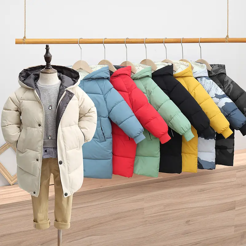 Gabardina cálida personalizada para niños y niñas, chaqueta acolchada de longitud media, gruesa, sólida, con capucha, abrigo de invierno