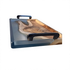 Modern Luxe <b>Epoxy</b> Resin & Live Edge Acacia Wood Decorative Storage Tray with Gold Metal Handles for Contemporary Home Styling - Product Image 1