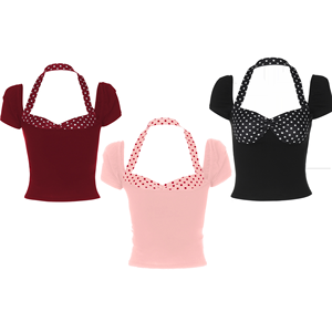 2026 Haut d'été pour <span class=keywords><strong>femme</strong></span> à pois vintage, style rétro, col licou cœur, manches bouffantes, coupe ajustée - Product Image 1