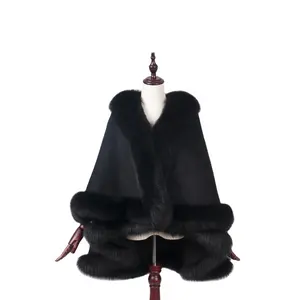 Grosir mantel bulu-Jubah Hitam Desain Hangat, Mantel Pesta Wanita Kasmir Wol Gaya Pendek dengan Potongan Bulu Rubah