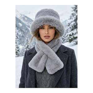 Women's Grey 2-Piece <b>Set</b> Plush Bucket <b>Hat</b> Neck Warmer <b>Scarf</b> Set02 - Anthracite - Product Image 1