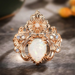 A063 Anello da Donna con Opale, Design Floreale, Montatura a Griffe, Pietra Naturale a Goccia, Gioiello di Moda per Matrimonio - Product Image 6