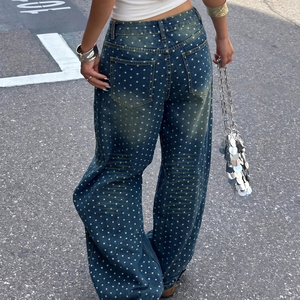 Jean droit à pois pour femme style streetwear, <span class=keywords><strong>taille</strong></span> mi-haute, coupe ample, tendance 2026 - Product Image 3