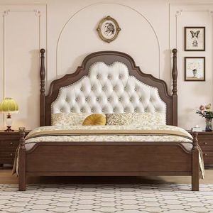 French Retro Wooden Bed Mahogany <b>Poster</b> Soft Headboard Double Size Bedroom Furniture - Product Image 3