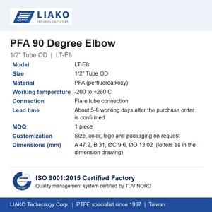 ข้อต่อท่อ PFA แบบข้อศอก ขนาด 1/2 นิ้ว สำหรับท่อแบบ Flare รุ่น LT-E8 ทนทานต่อสารเคมีบริสุทธิ์สูง สำหรับกระบวนการเปียกในวงจรเซมิคอนดักเตอร์ - Product Image 6