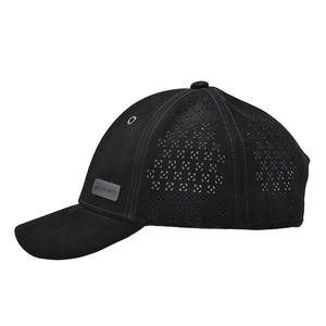 Oem Hat Factory Custom High Quality 6 Panel Original <b>Black</b> Adjustable Baseball Cap Laser Cut Hole Genuine Leather Baseball Hat - Product Image 4