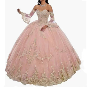 Vestidos De Quinceañera Rosa 3D flor encaje <span class=keywords><strong>vestido</strong></span> De baile desfile fiesta dulce 15 16 vestidos con manga Vestidos De Fiesta - Product Image 2
