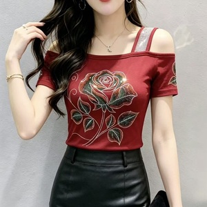 <span class=keywords><strong>Top</strong></span> verde a spalle scoperte con strass lucidi e fiori in rete, maglietta a maniche corte per discoteca, t-shirt da festa - Product Image 5