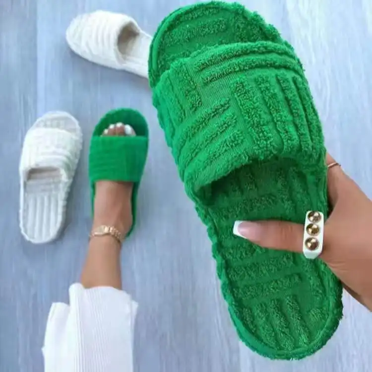 2021 autumn and winter new green plush slippers women's slippers thick-soled large size striped slippers