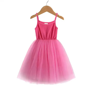 Vestido de tul de punto acanalado con tirantes finos para niñas pequeñas, falda de malla esponjosa con cintura elástica, informal de verano para cumpleaños de princesa - Product Image 4