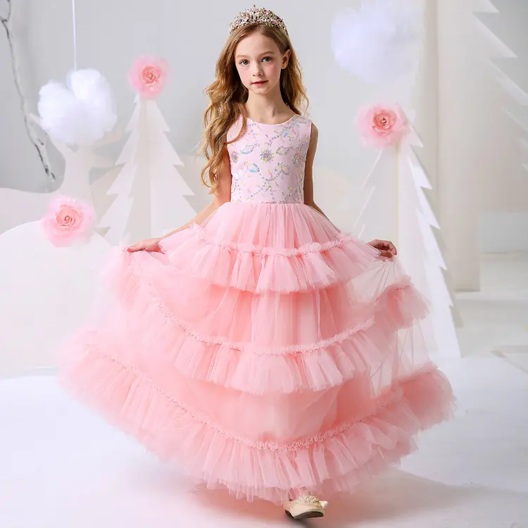 Vestido de princesa para niños, falda tutú rosa, Vestido largo de flores para niña, lazo, nudo, fiesta sin espalda, vestidos de boda para niñas