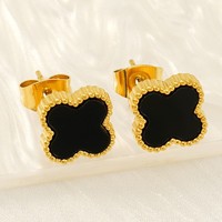 Boucles d'oreilles clous trèfle en acrylique 10 mm, noir ou rouge, en acier inoxydable 304 plaqué or 18 carats sous vide, bijoux fleur trèfle à quatre feuilles perlée, cadeaux