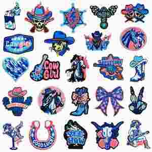 Patch thermocollant brodé style western américain, motif cowgirl, nœud, cheval et bottes, rose-bleu, pour vêtements, bagages et décoration - Product Image 2