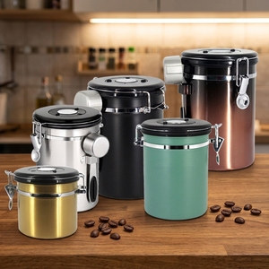 Contenedor de 2L con Marcador de Fecha y Cuchara Dosificadora de CO2, Recipiente de Acero Inoxidable para Café Molido y en Grano, Juego de Recipientes para Té, Azúcar y Café - Product Image 1