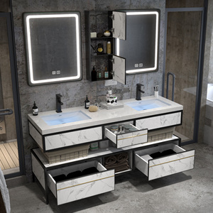 Meuble <span class=keywords><strong>de</strong></span> salle <span class=keywords><strong>de</strong></span> bain <span class=keywords><strong>de</strong></span> style moderne et luxueux avec double vasque, armoire en <span class=keywords><strong>bois</strong></span> massif et miroir intelligent avec rangement - Product Image 3