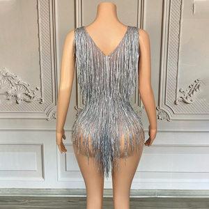 ร้านค้าออนไลน์ Novance Y5465 ชุดเต้นลาตินผู้หญิงสีเงินเทาประดับพู่ห้อย ชุดแสดงบนเวทีแฟชั่นเซ็กซี่สำหรับดีเจและนักร้อง - Product Image 3