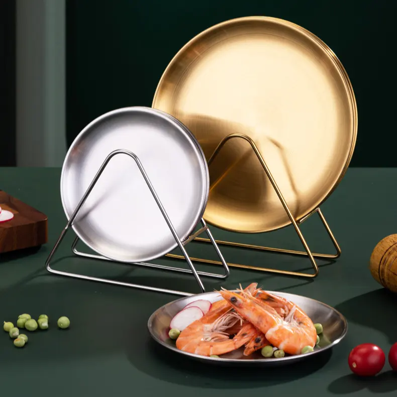 韓国風食器ゴールデンメタルディッシュラウンドフードディナープレートサービングトレイステンレススチールトレイ