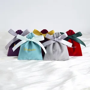 Sacs à bijoux en velours de luxe personnalisables 10x12cm avec ruban à nœud, logo personnalisé, emballage cosmétique pour mariage, sacs à cordon - Product Image 5