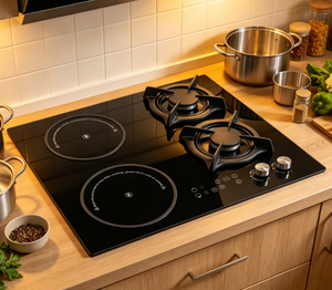 <span class=keywords><strong>Cuisinière</strong></span> encastrable double usage gaz et électrique 4 brûleurs (2 gaz, 2 électriques) en verre D4-05B, classe d'efficacité énergétique, protection anti-extinction de flamme - Product Image 2