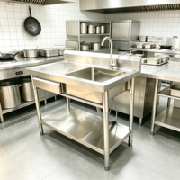Évier de cuisine en acier inoxydable à cuve unique avec étagère de rangement à tiroirs pour cuisine de restaurant, vente en gros