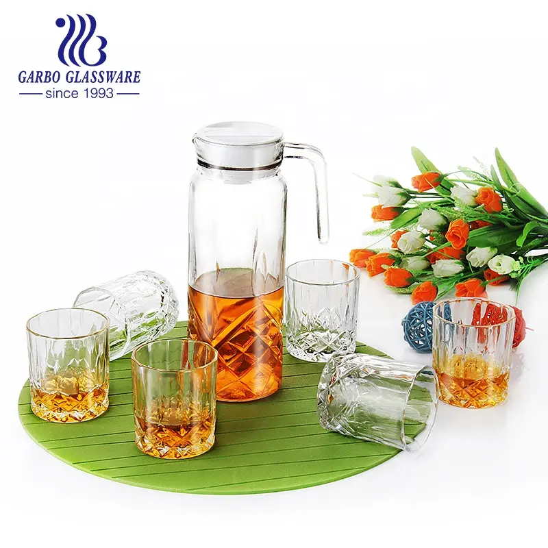 Wholesale 7pcs clear Engraved Glass Water Jug Set with 6 pcs Glass Cup Clear Class Water Drinking Set Drinking Glassware