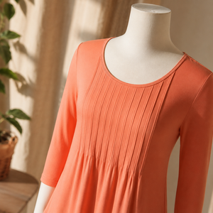 Camiseta de punto de manga tres cuartos con cuello redondo naranja para mujer, corte holgado, plisada, informal, para primavera y verano - Product Image 3