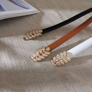 Ceinture légère en cuir de vachette pour femme avec boucle en alliage en forme de feuille, fine, pour tenues décontractées et robes - Product Image 2