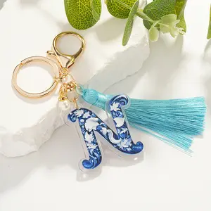 New Arrivals Flowers Keychains Hollow Long Tassel Key chain 26 Letters Resin Acrylic Keychain