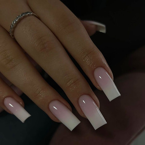 Suministros para Técnicos de <span class=keywords><strong>Uñas</strong></span> al por Mayor: <span class=keywords><strong>Uñas</strong></span> Postizas Cuadradas Rosa Nude Brillante con Borde Francés Ombré <span class=keywords><strong>Blanco</strong></span>, Diseño Simple y Limpio para Uso Diario - Product Image 1