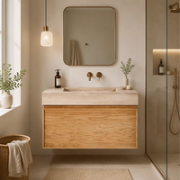 Meuble-lavabo mural en chêne massif avec vasque intégrée en travertin et grand tiroir de rangement