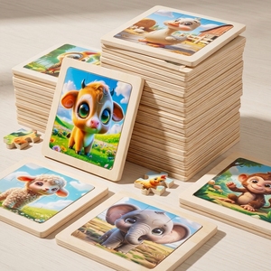 Puzzle en bois pour enfants sur le thème des animaux de la ferme (veau, canard, agneau) avec plateau en bois, découpe laser, finition mate non toxique, boîte cadeau OEM - Product Image 2