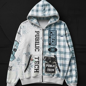 Custom Embroidery Patch Rhinestone 100% Cotton Heavyweight Distressed Vintage Oversized Zipper Hoodie Digital Streetwear Unisex - Product Image 1