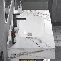 Meuble-lavabo moderne blanc en marbre flottant avec vasque en pierre et miroir lumineux pour salle de bain