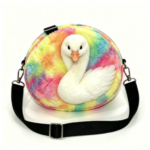 Custom Round 3D <b>White</b> Swan Plush Shoulder Purse with PP Cotton Filling Cute Animal Themed Crossbody <b>Handbag</b> for Halloween Unisex - Product Image 3