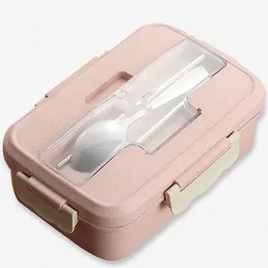 Microwave Lunch Box Wheat Straw Dinnerware with Spoon Chopsticks Food Storage Container Children Kids School Office Bento Box