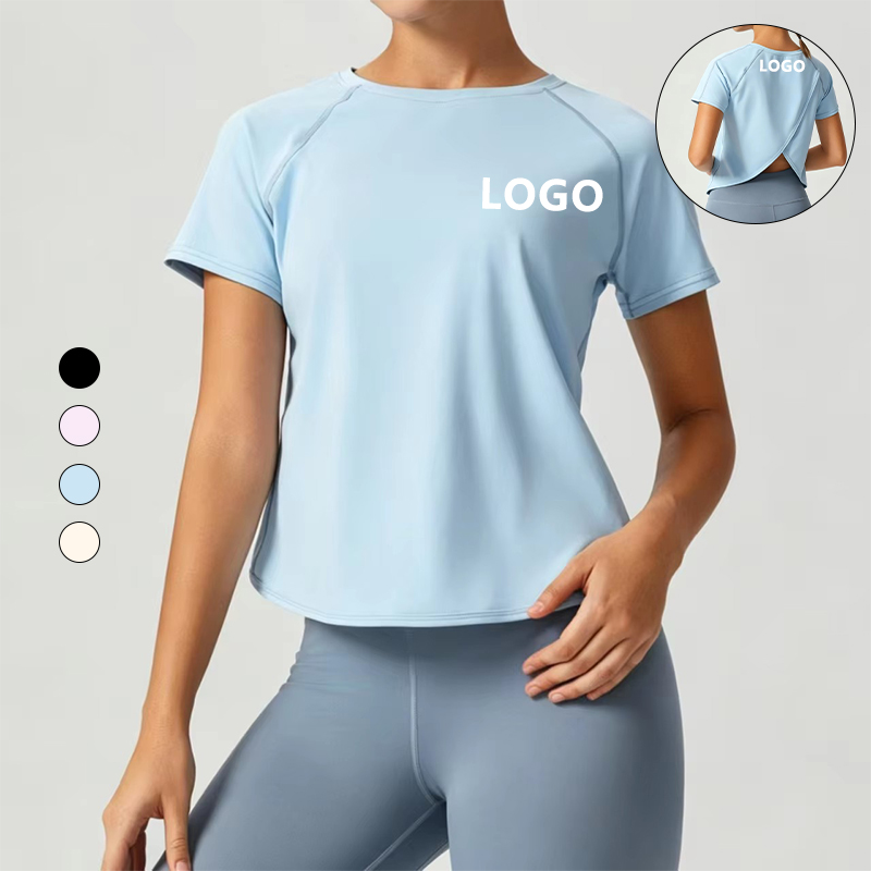 CustomLogo Naked Feeling Women Yoga T-Shirt Open Back Overlap Workout Top Buttery Soft Gym Activewear Short Sleeve Fitness Shirt