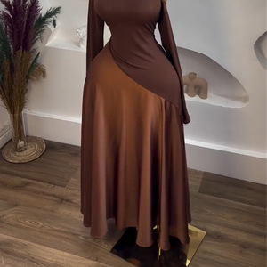 Bestseller e Abbigliamento Donna Transfrontaliero 2025: Nuovo Vestito Estivo Sexy con Spalla Obliqua, Maniche Lunghe Marroni e Patchwork - Product Image 3